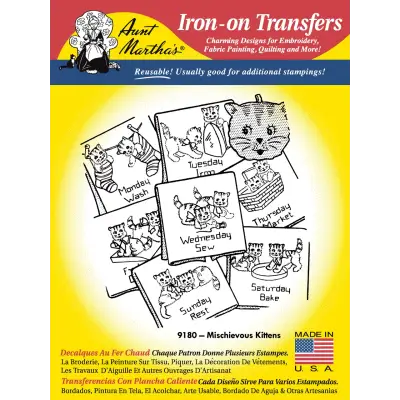 Vintage iron-on transfer pattern of Aunt Martha’s mischievous kittens in playful activities