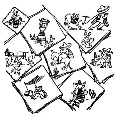 Black and white line drawings of Mexican scenes in diamond panels from Aunt Martha’s #9475