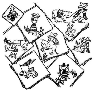 Aunt Martha’s #9475 Down Mexico Way features Mexican-themed line drawings in diamond panels