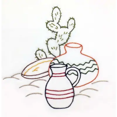 Simple line drawing of pottery vessels and a cactus plant in Aunt Martha’s Down Mexico Way