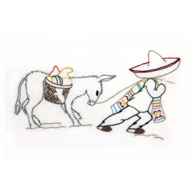 Simple sketch of a donkey and dancer in traditional attire for Aunt Martha’s quilting design