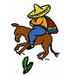 Cartoon figure in sombrero rides bucking horse near cactus in Aunt Martha’s quilting design