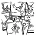 Black and white sketch of calendar pages with birds for Aunt Martha’s countryside quilts