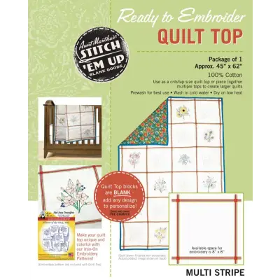 Ready-to-embroider quilt top pattern with Aunt Martha’s Quilting Fabric multi stripe print