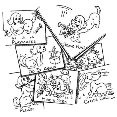 Comic-style illustration of playful Cocker puppies enjoying games from Aunt Martha’s®