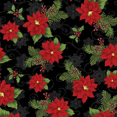 Benartex Joy of the Season 13095-12 Joyful Poinsettia Black