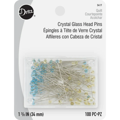 Dritz Crystal Glass Head Pins Blue & Yellow 100 pc 1-3/8’